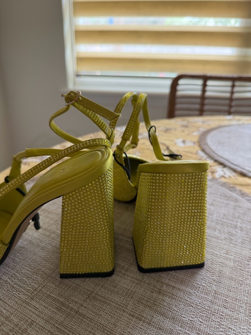Zara Yellow Rhinestone Slingback Block Heels - Picture 5 of 6